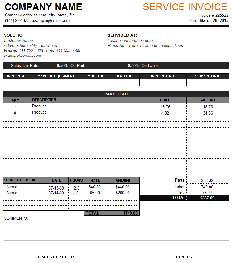 Parts And Labor Invoice Template Free