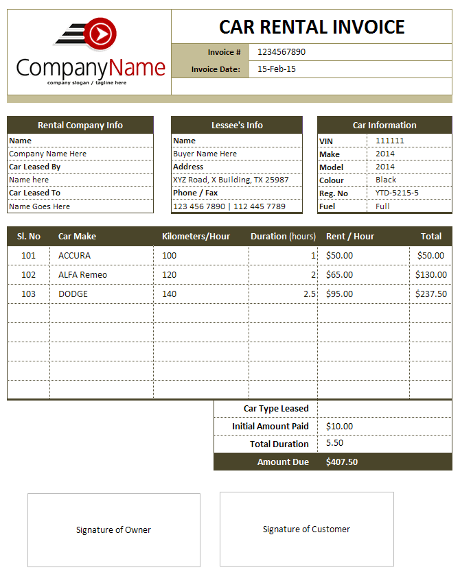 Free Car Rental And Sales Invoice Templates for MS Excel