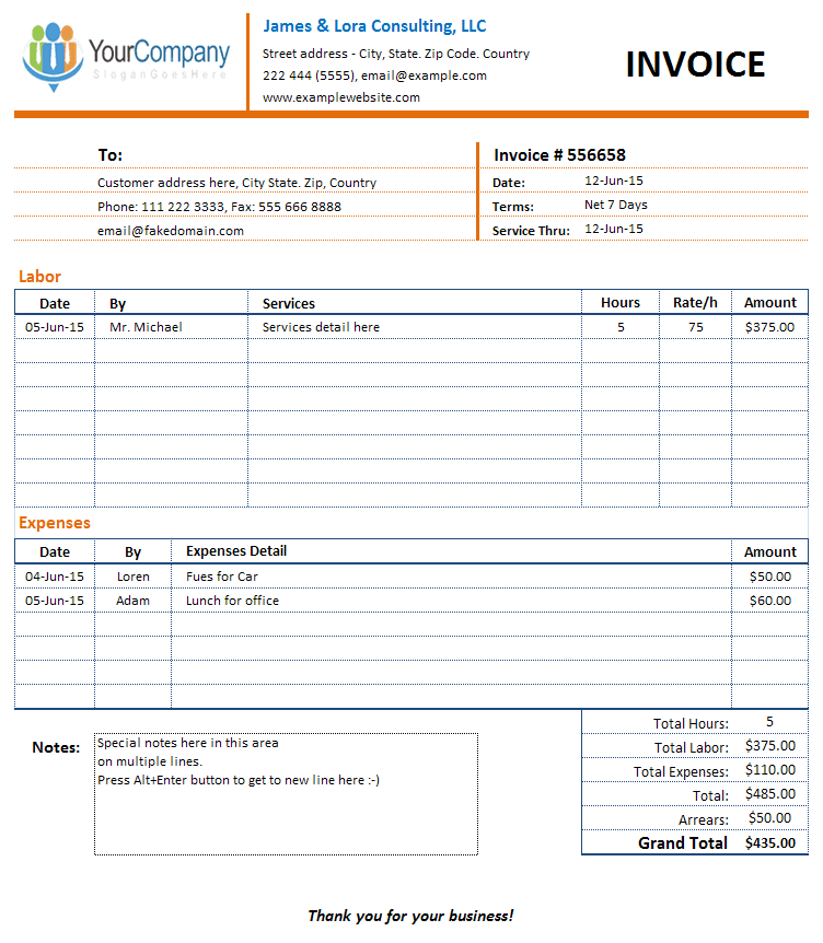 Invoice Template for Consulting Company or Individual Consultants