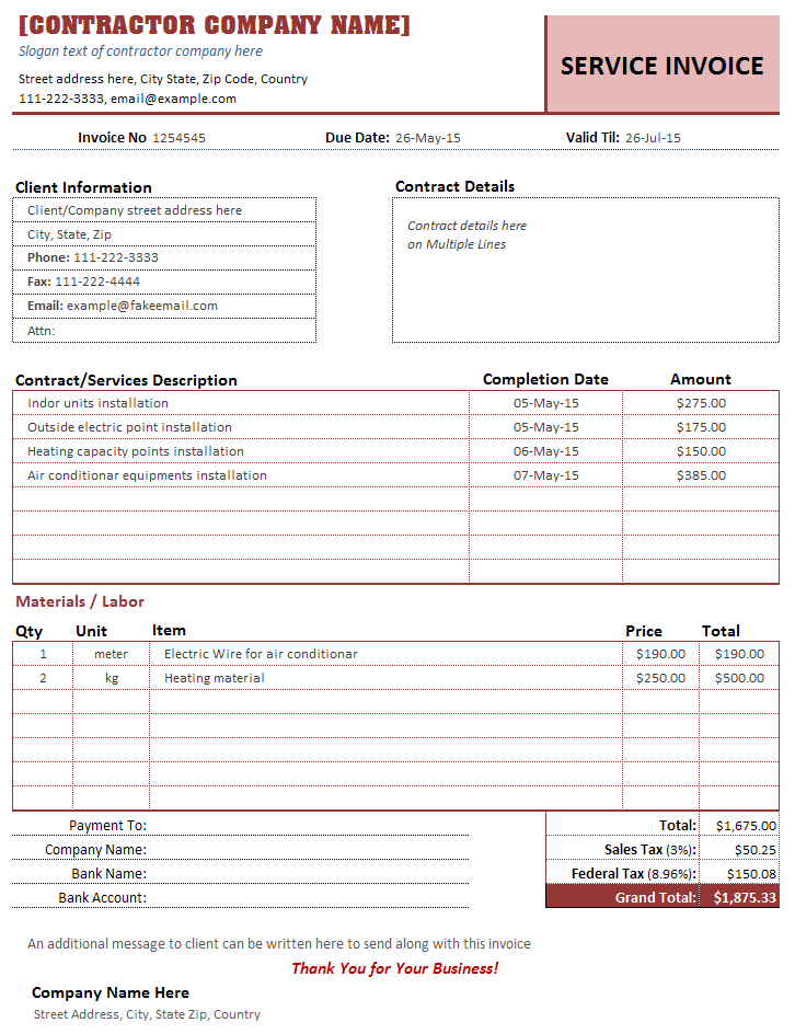 Download Free Contractor Invoice Template For MS Excel