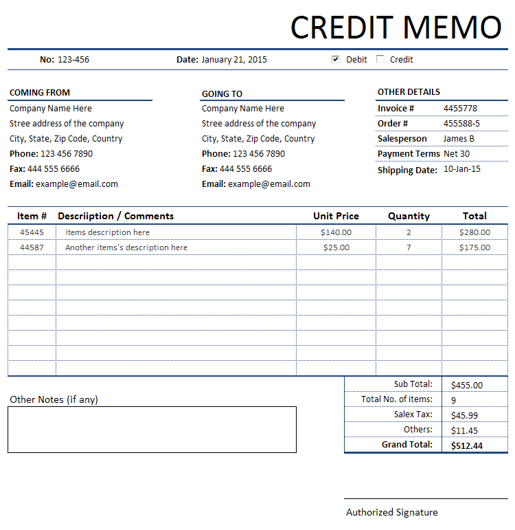Credit Memorandum/Memo Invoice Memo template, Invoice layout, Notes