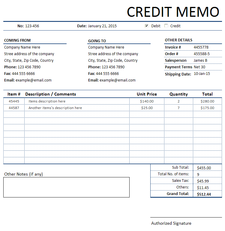 Free Credit Memorandummemo Invoice Sample In Ms Excel 2286