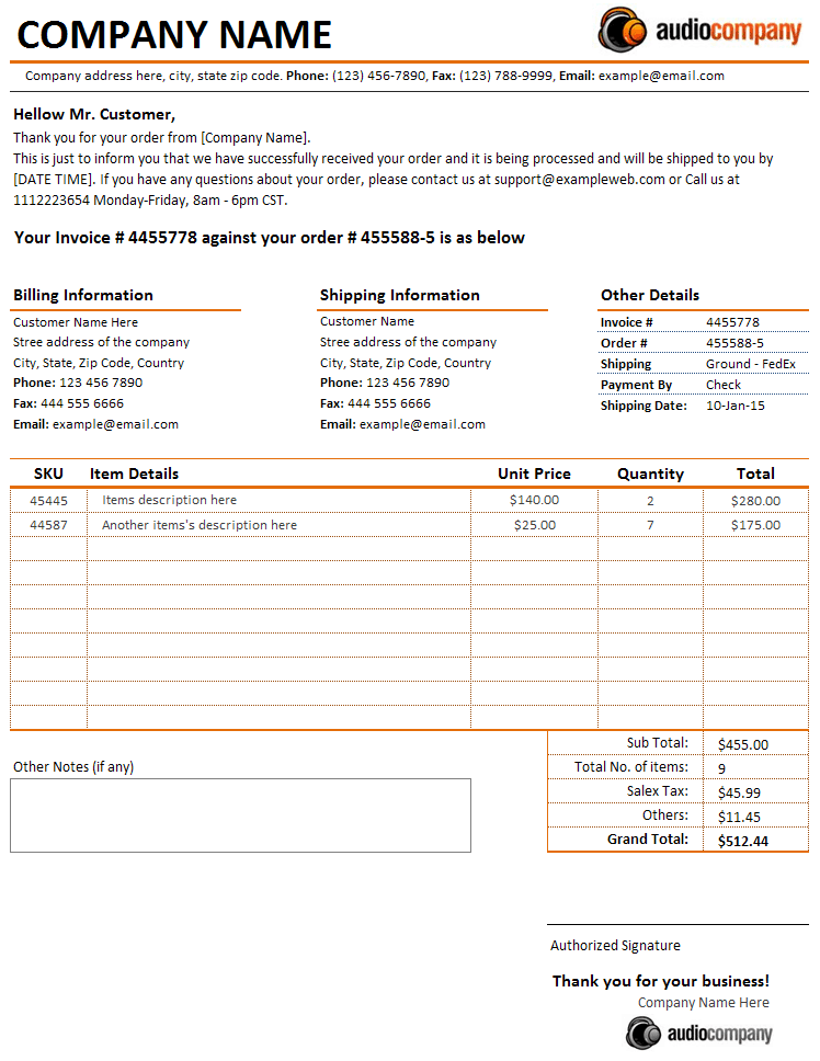 customer order received letter invoice