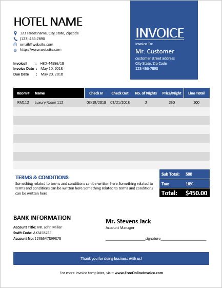 Attractive And Elegant Hotel Invoice Template In MS Word