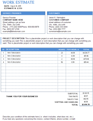 Free Work Estimate Invoice with Tax Calculations in MS Excel