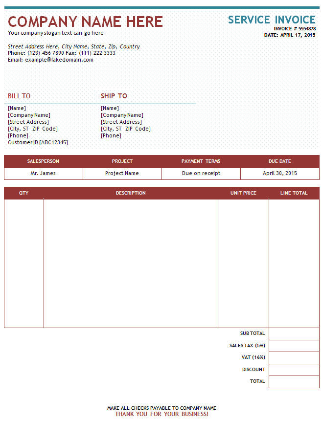 template for invoice for professional services