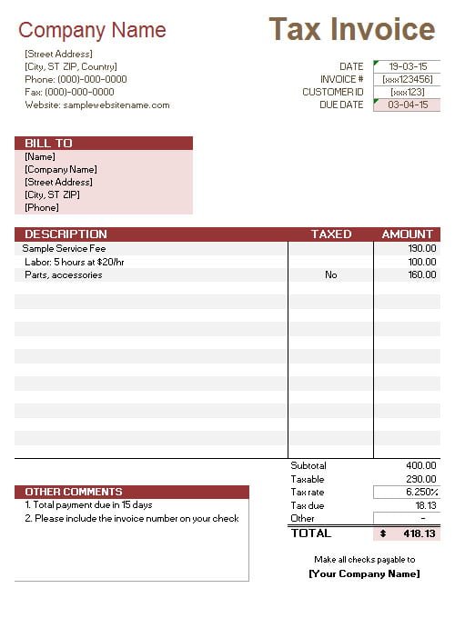 Service Invoice with Tax Calculation