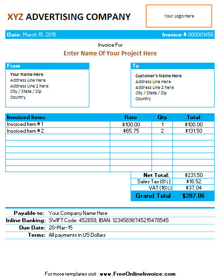 Invoice Template for Advertising Agency/Company in MS Excel