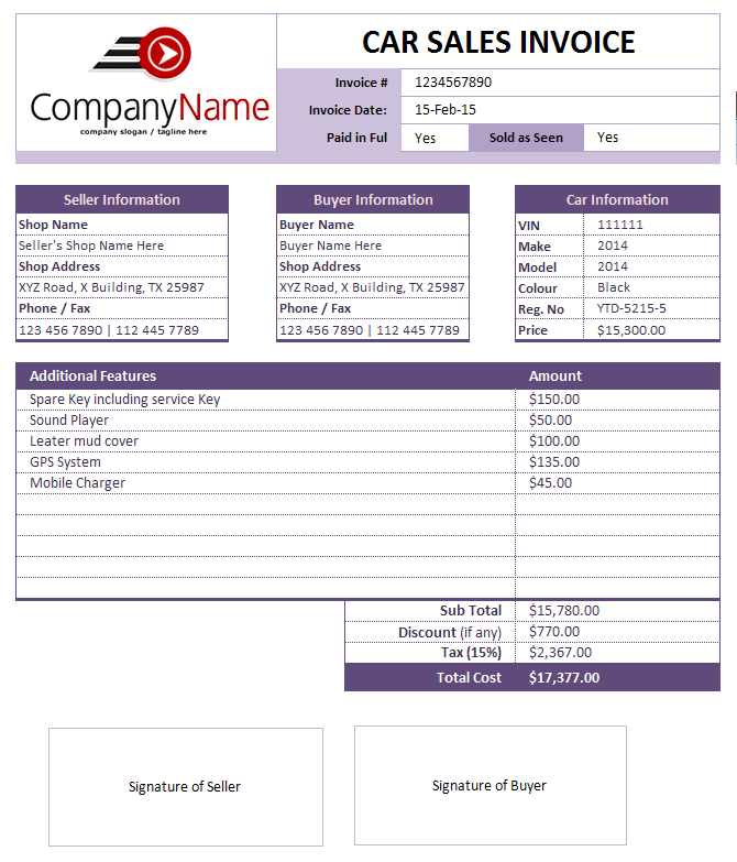 Car Rental Invoice Template Excel