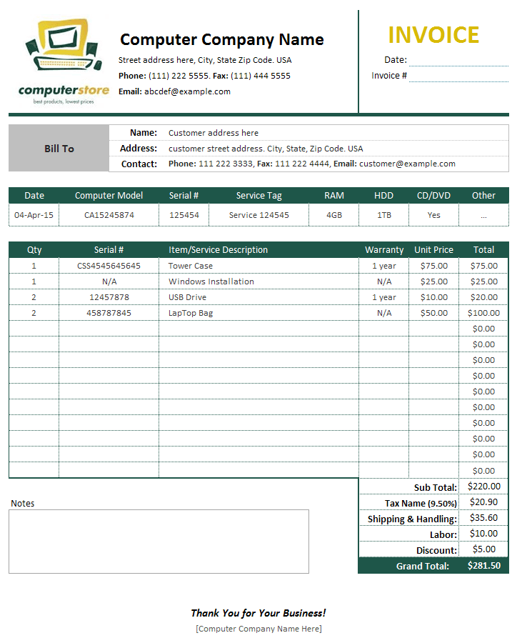 Computer sales invoice Template