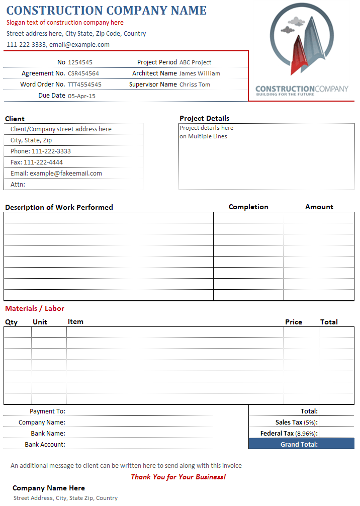 Download Constructioncontractor Invoice Template In Excel