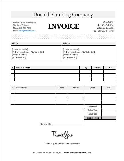Free Plumbing Invoice Template from freeonlineinvoice.com